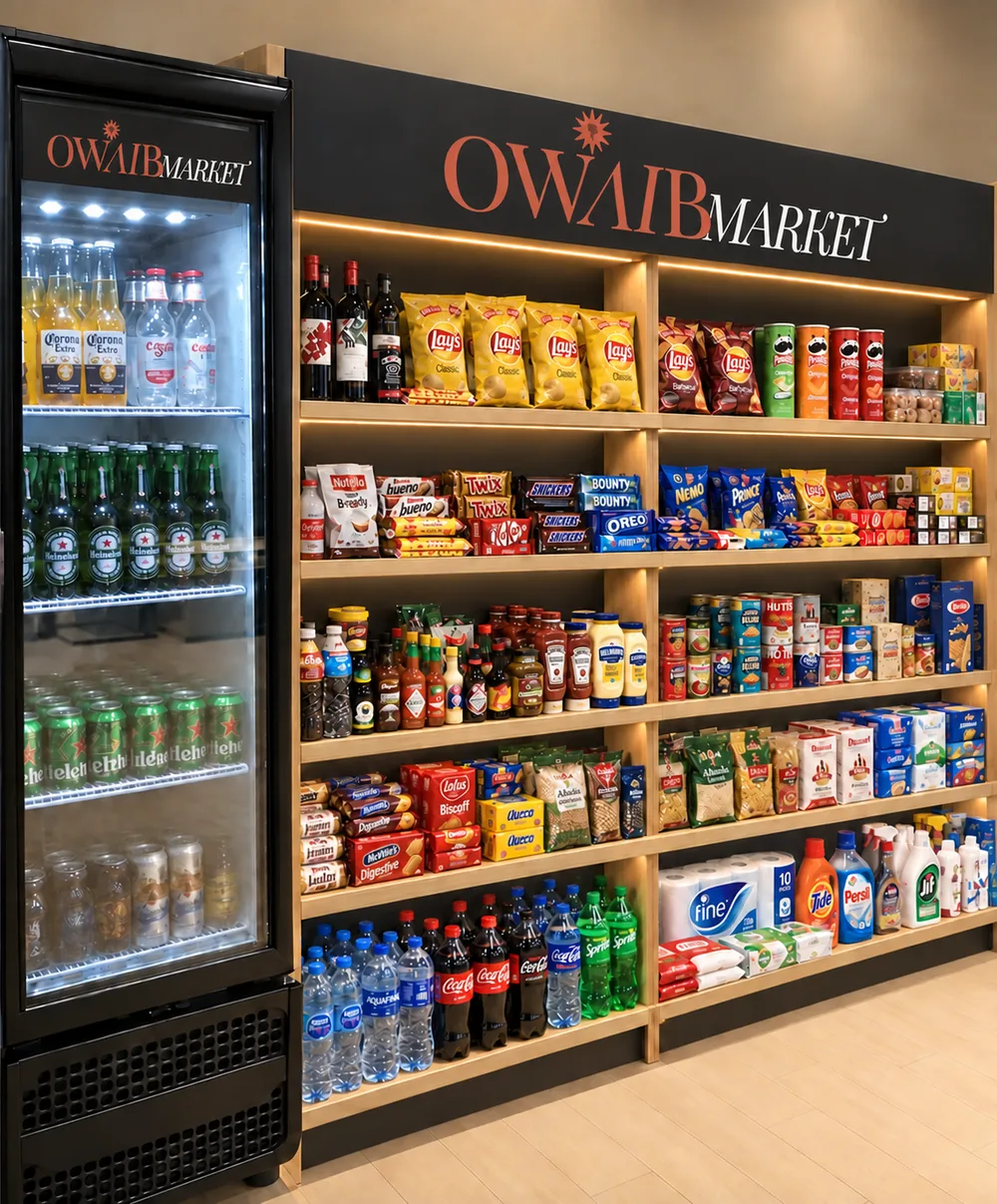 Mercadinho OWAIB Market: geladeira de bebidas e estantes de madeira clara abastecidas sob a testeira com o logo