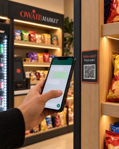 Mão com o celular lendo o QR code de pedidos na lateral da estante